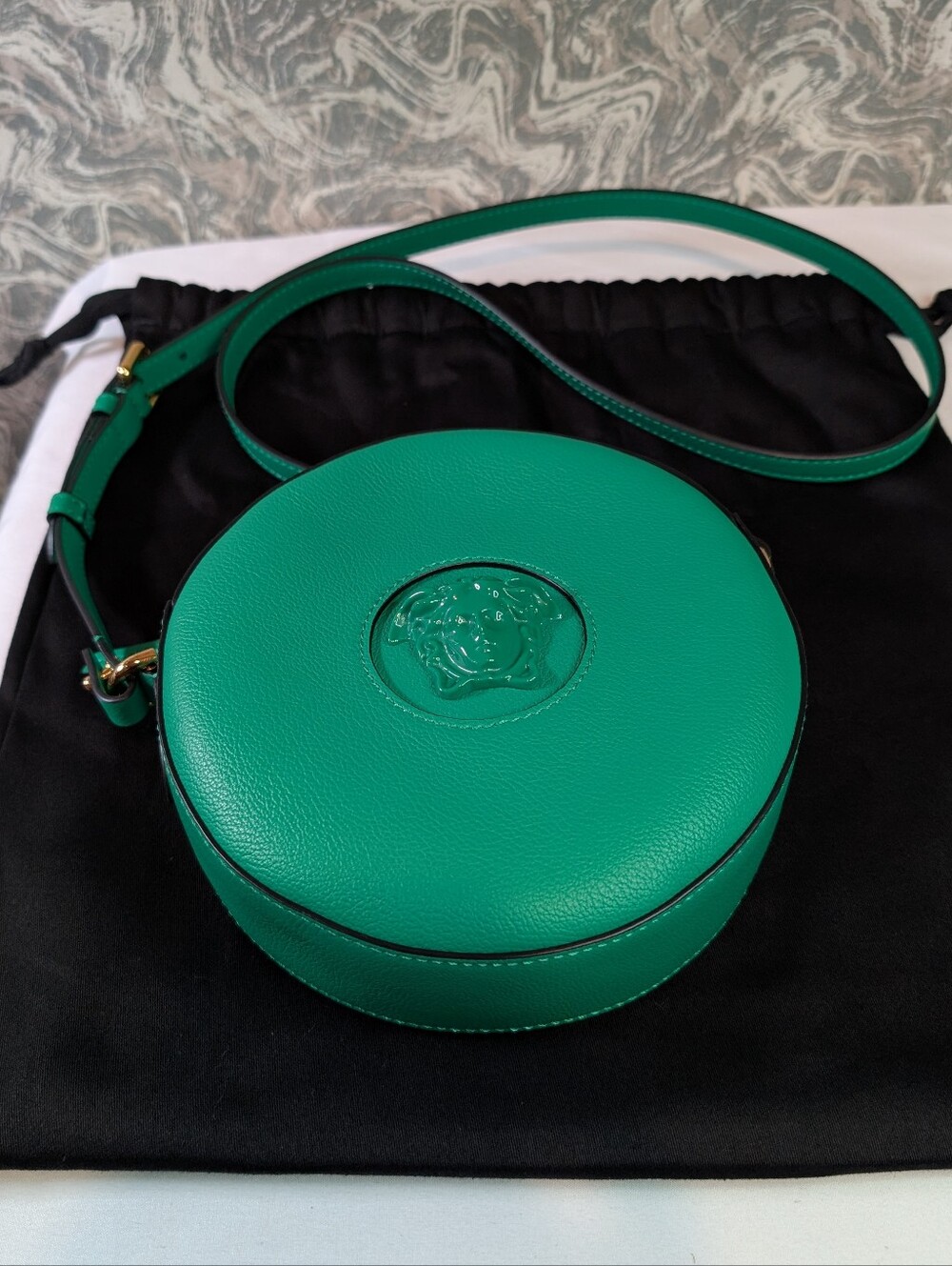 Versace La Medusa Green Leather Round Crossbody Bag